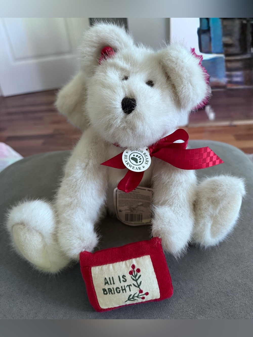 Vintage Boyds Bears Christmas Angel White Plush Bear with Red Ribbon and Wings